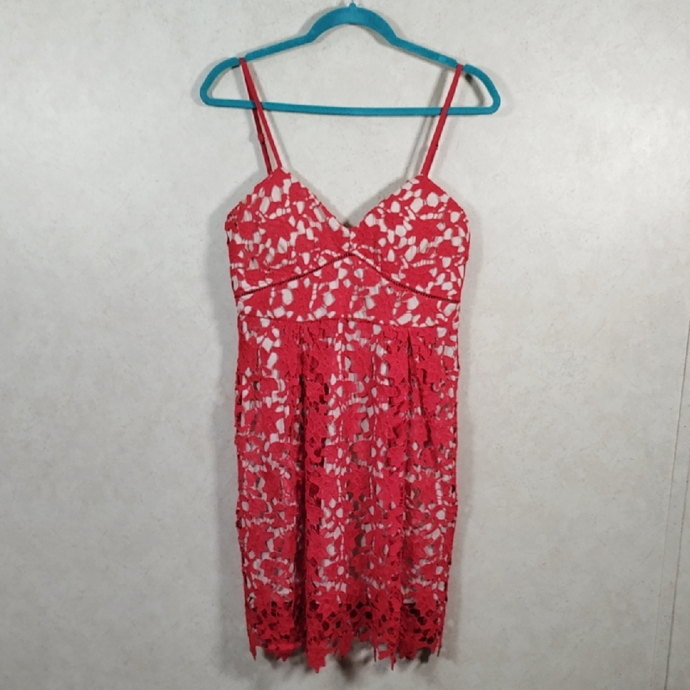 I143 Verty lined red floral lace spaghetti strap dress M